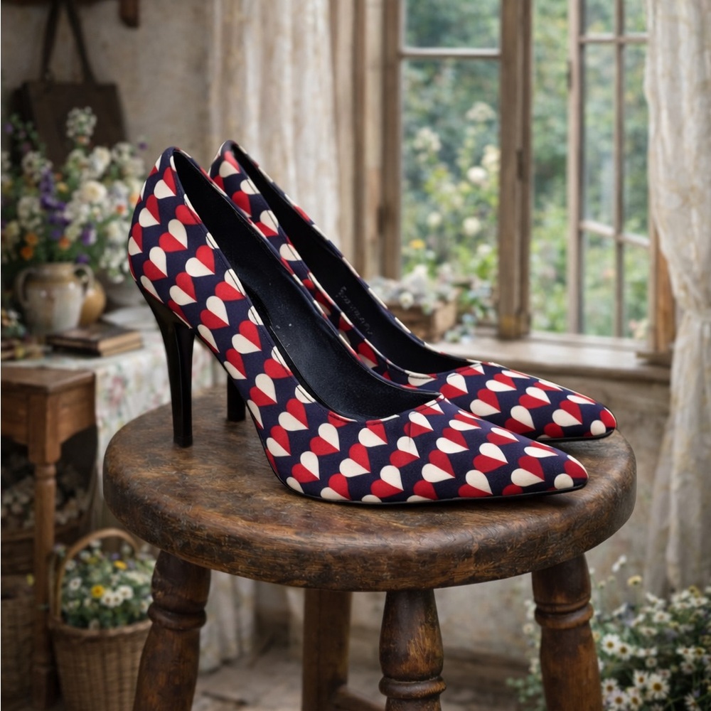 Nine West red, navy, & white heart, heels/pumps